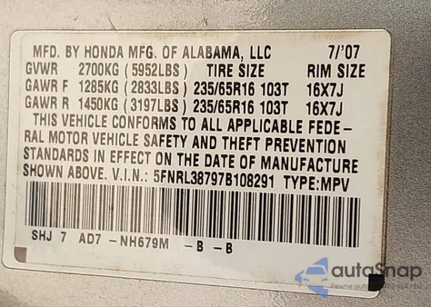 2007 Honda Odyssey Ex-L z USA, uszkodzony, nr VIN 5FNRL38797B108291